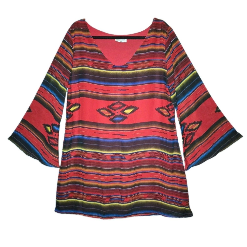 Turquoise Haven Red Aztec Print Bell Sleeve Dress Large Boho Southwestern Tribal